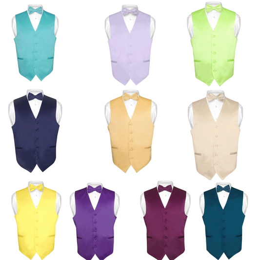 Mens Dress Vest and BowTie Solid Color Bow Tie Set for Suit or Tuxedo