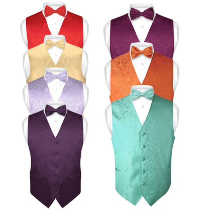 Mens Paisley Design Dress Vest and Bow Tie Set for Suit Tuxedo