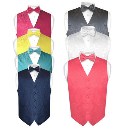 Mens Paisley Design Dress Vest and Bow Tie Set for Suit Tuxedo